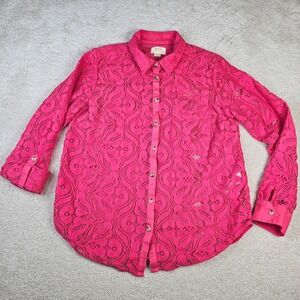 Women's Maeve by Anthropologie Pink Lace‎ Button Down Shirt Blouse Sheer Size 12